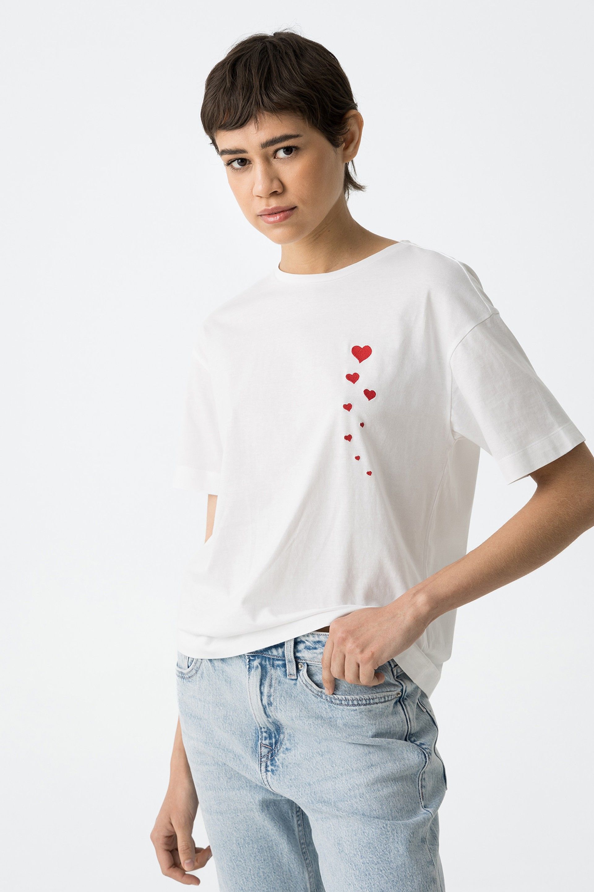 VALENTINES LOVE SEEKER EMBROIDERY T-SHIRT - WHITE