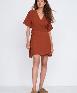 LINEN WRAP SS DRESS - RUST