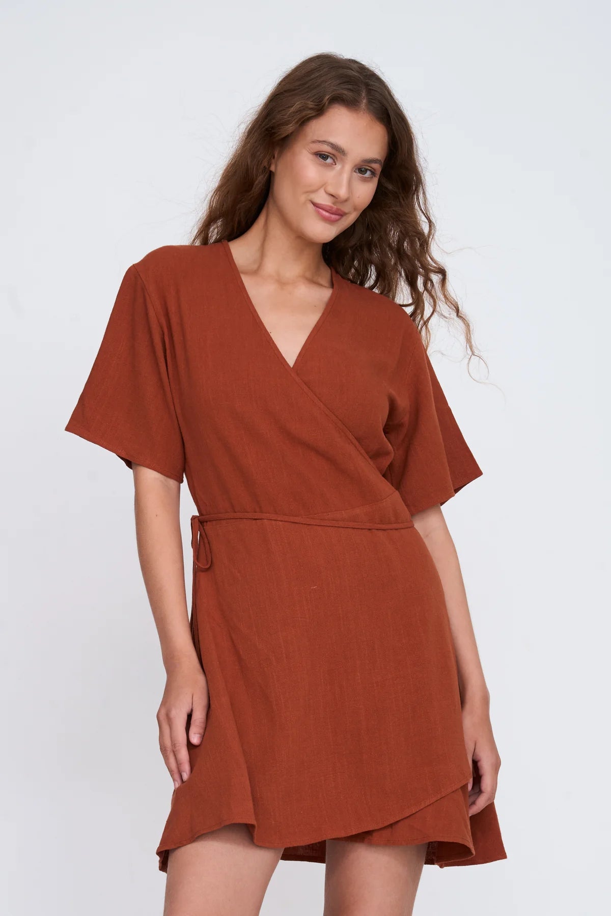 LINEN WRAP SS DRESS - RUST