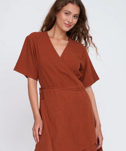 LINEN WRAP SS DRESS - RUST