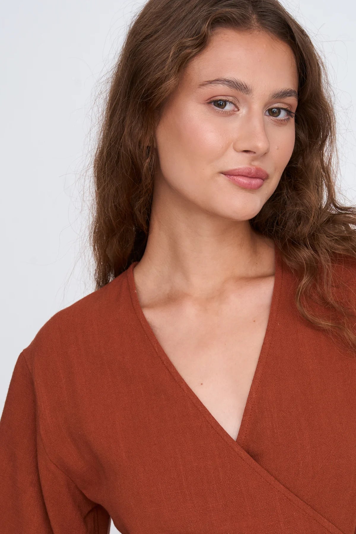LINEN WRAP SS DRESS - RUST