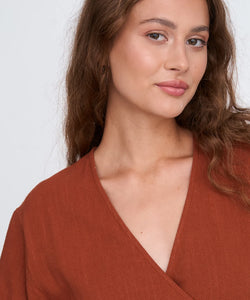 LINEN WRAP SS DRESS - RUST