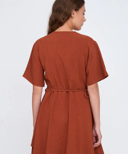 LINEN WRAP SS DRESS - RUST