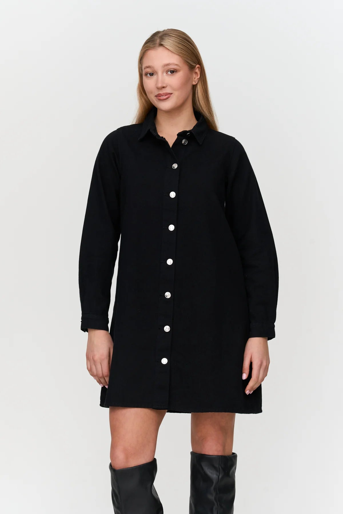 BUTTON UP MIDI DRESS - BLACK
