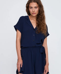PITA V-NECK SS BLOUSE - NAVY
