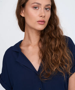 PITA V-NECK SS BLOUSE - NAVY