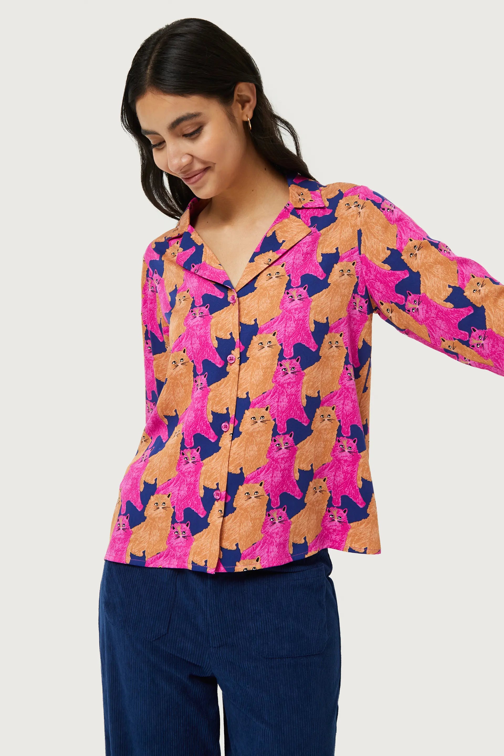 CAT PRINT SHIRT - FUCHSIA