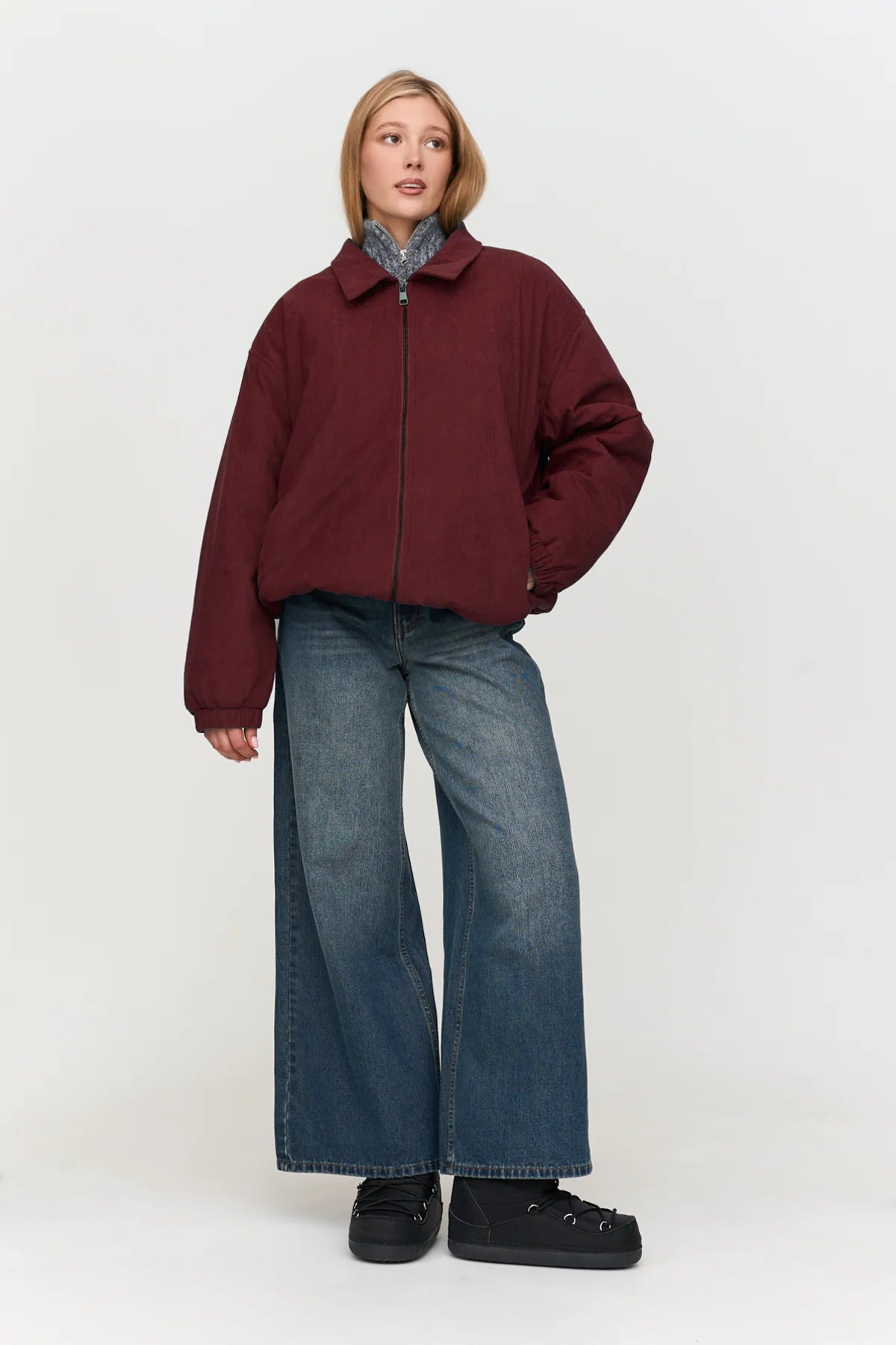 RIBCORD BOMBER COAT - BORDEAUX
