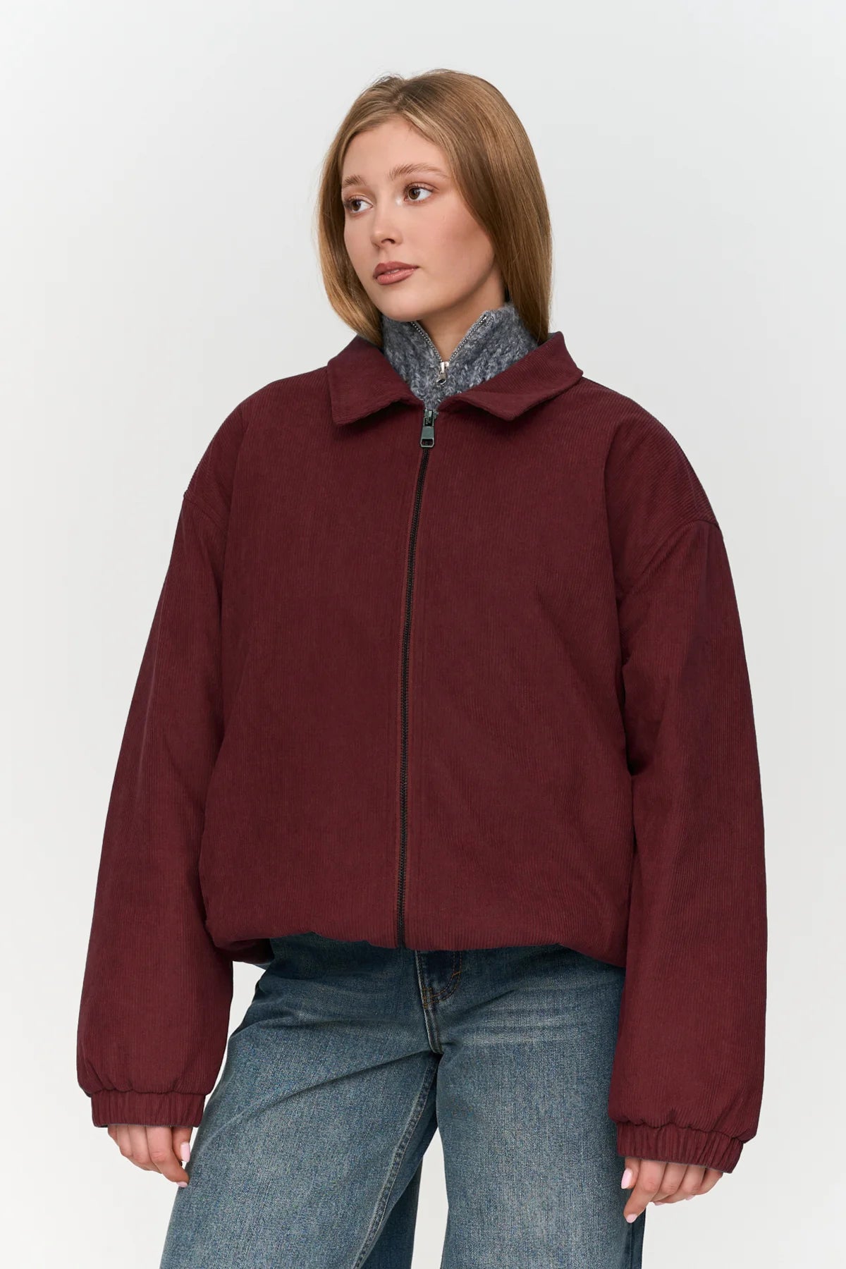 RIBCORD BOMBER COAT - BORDEAUX