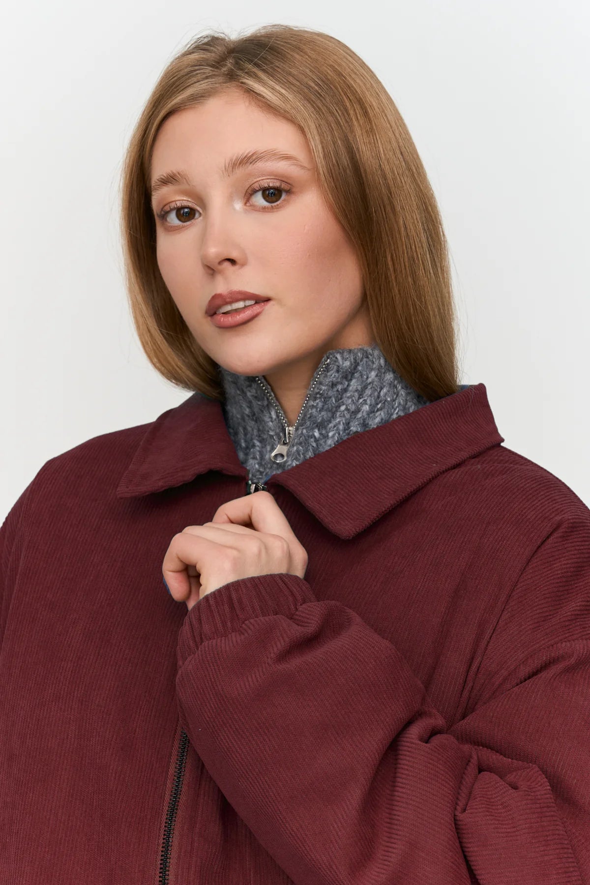RIBCORD BOMBER COAT - BORDEAUX