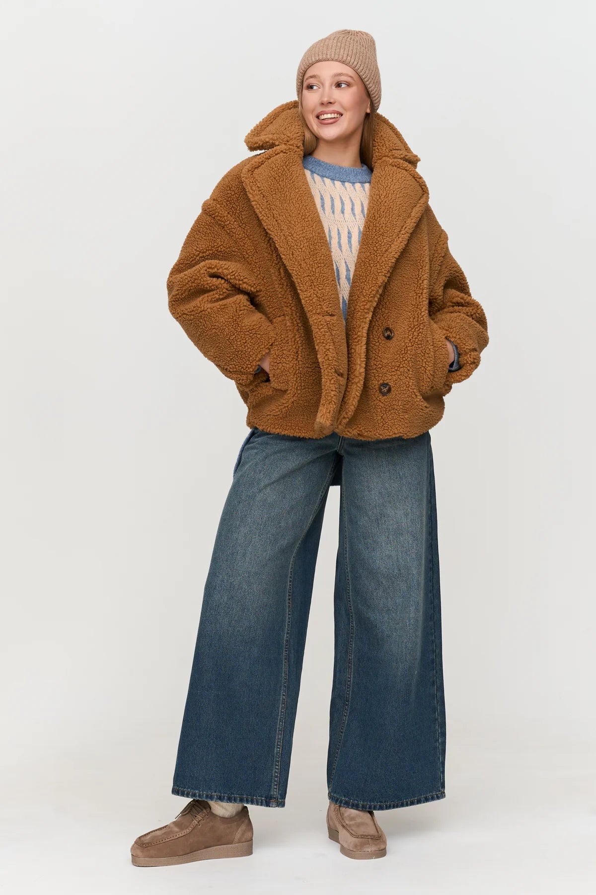 BOXY TEDDY COAT - BROWN