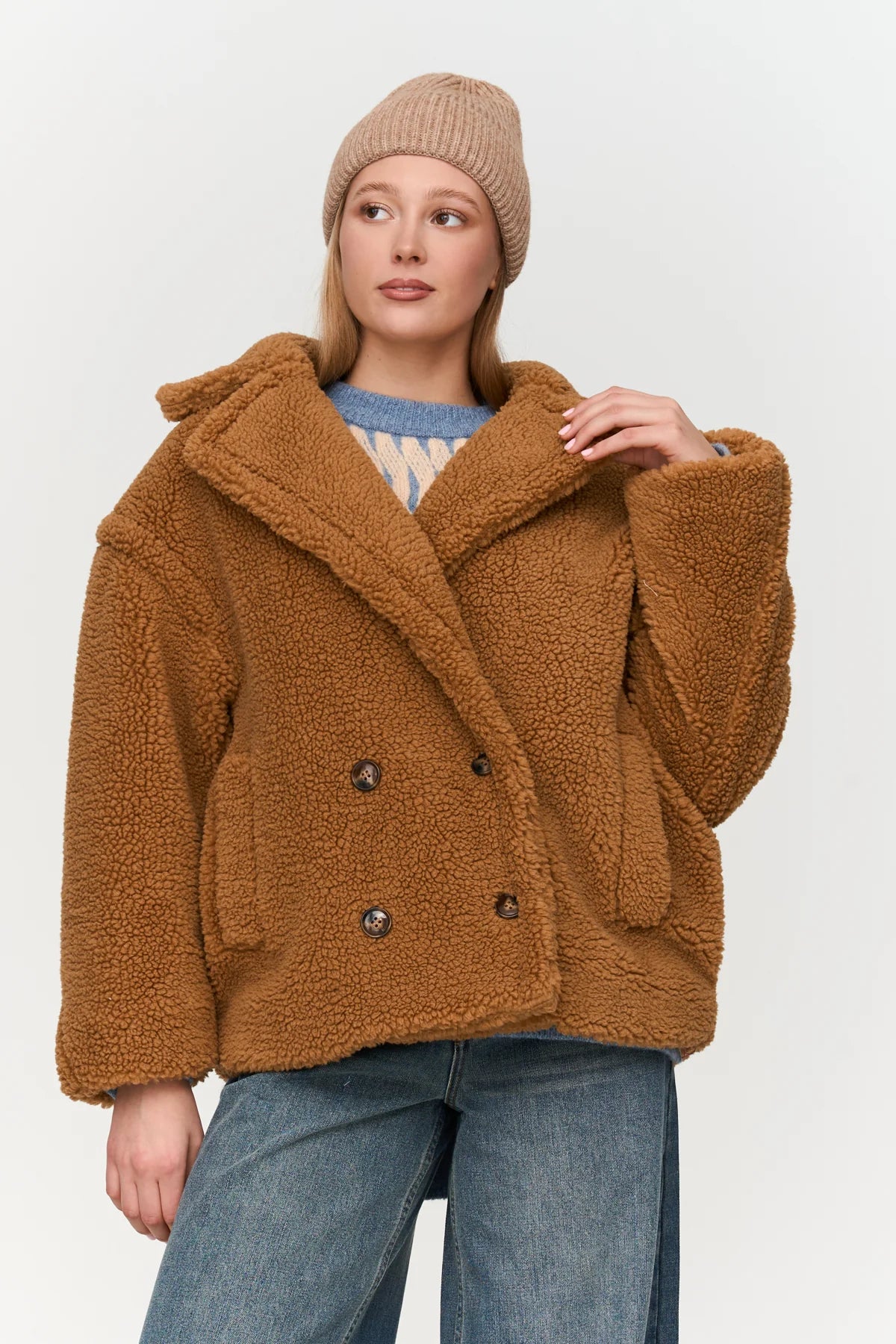 BOXY TEDDY COAT - BROWN