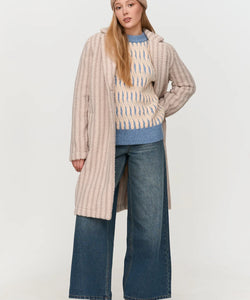 LONG STRIPED TEDDY COAT - BEIGE