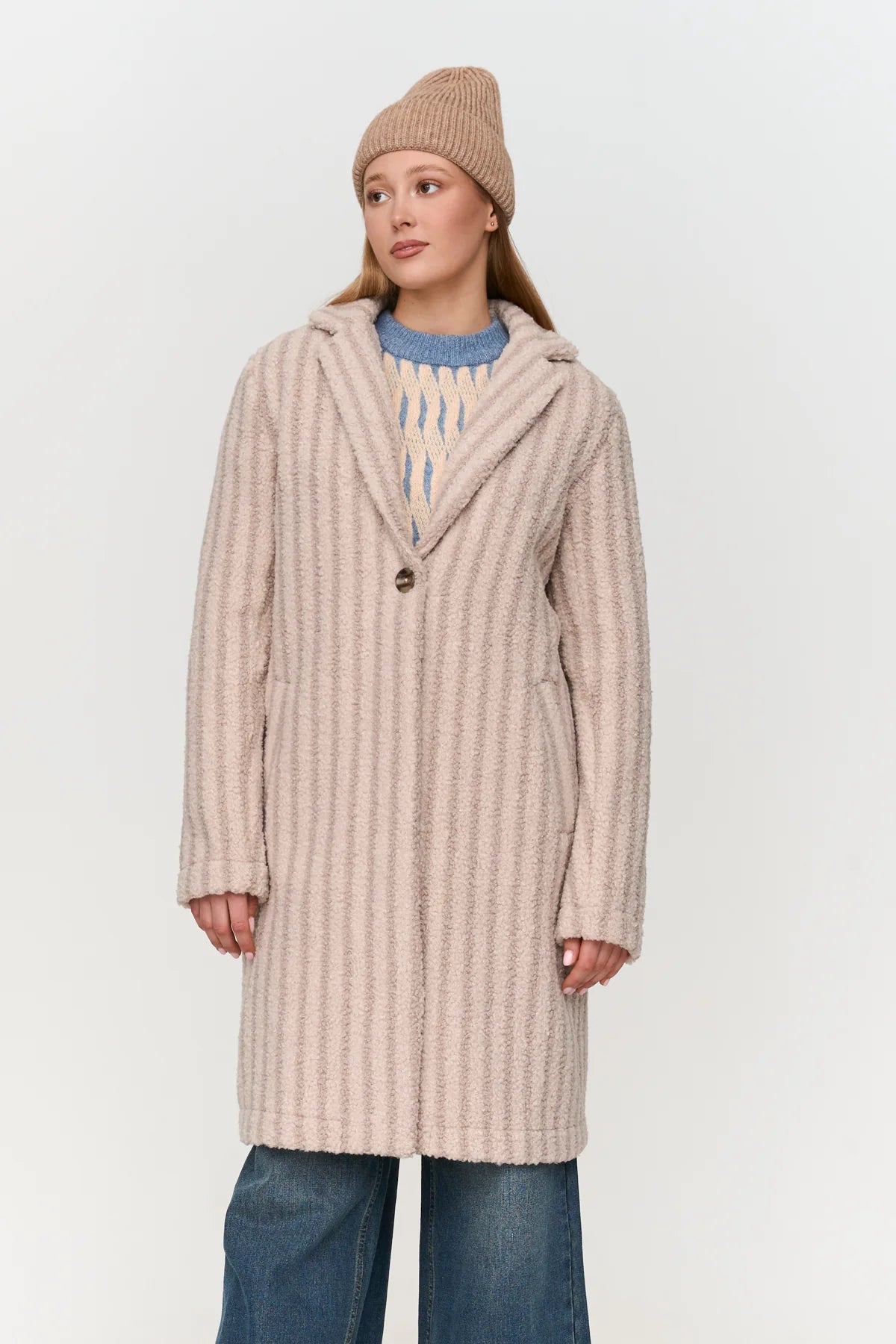 LONG STRIPED TEDDY COAT - BEIGE