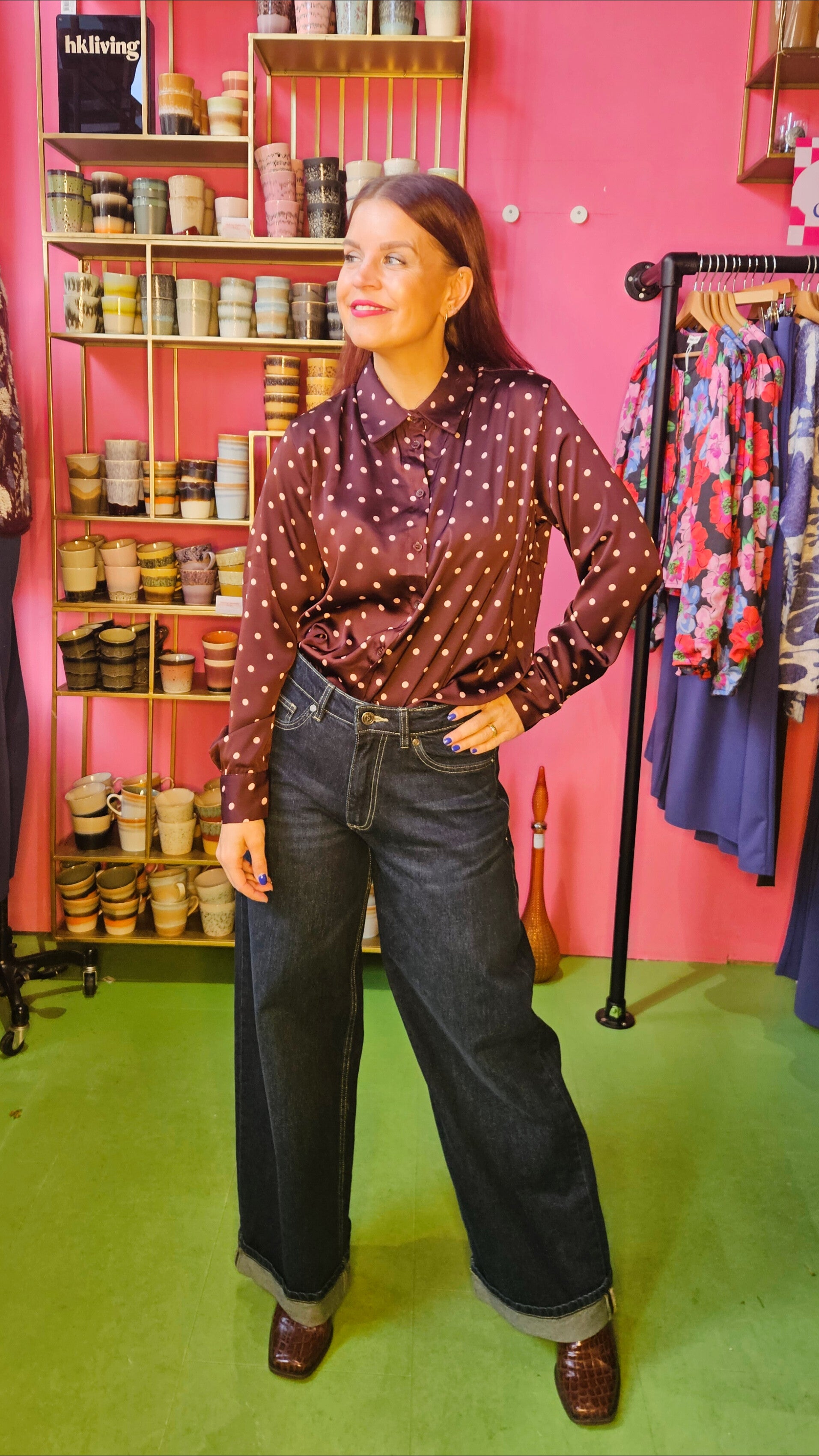 VEERLE SATIN POLKA DOT BLOUSE - BROWN