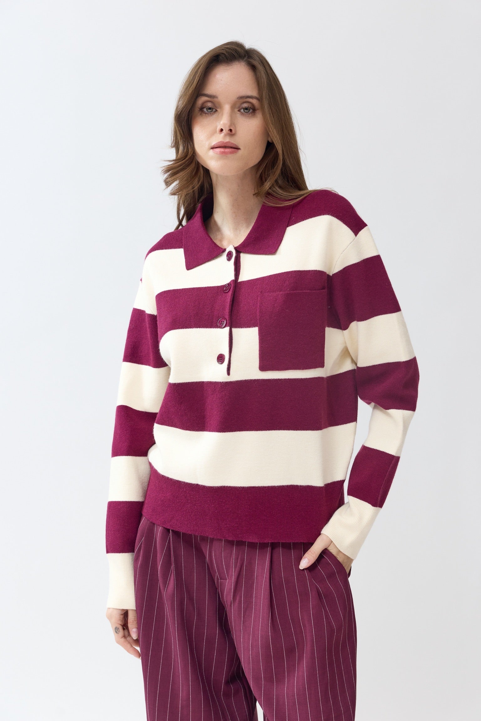 YASMIN STRIPED POLO - WINE
