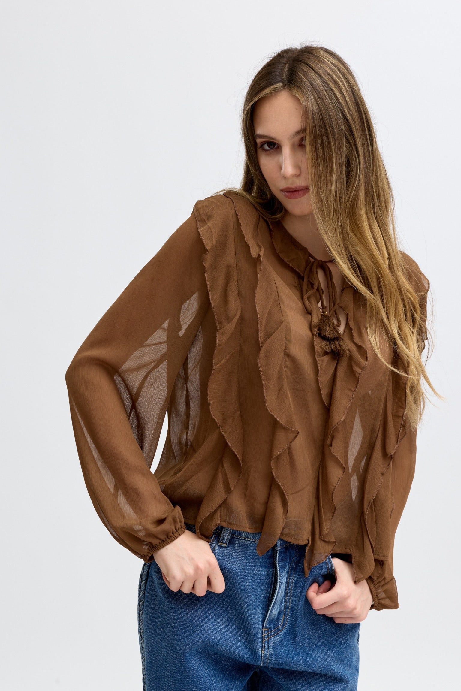 INKE RUFFLES BLOUSE - BROWN