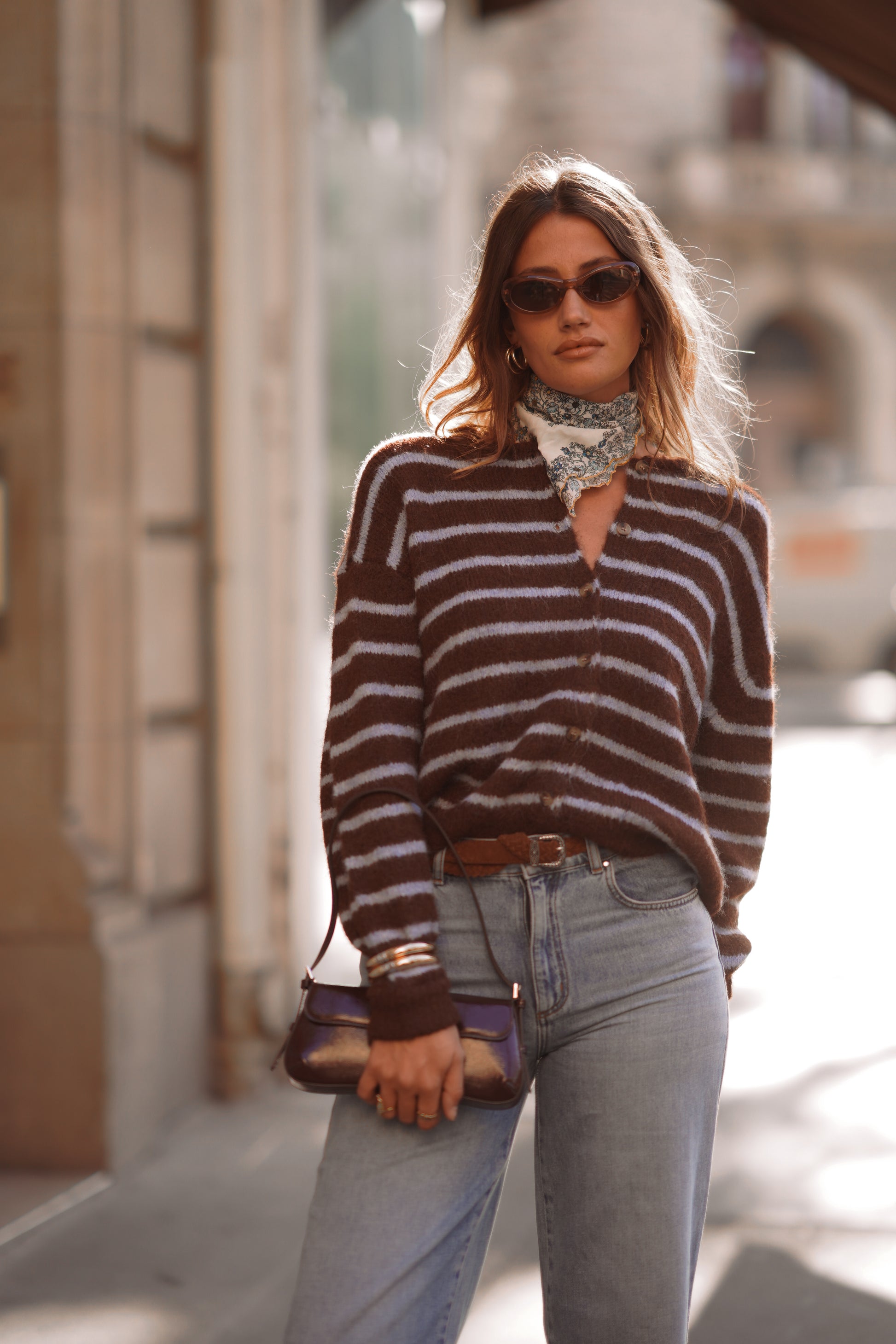 MELINE STRIPED CARDIGAN - BROWN/BLUE