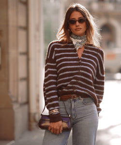 MELINE STRIPED CARDIGAN - BROWN/BLUE