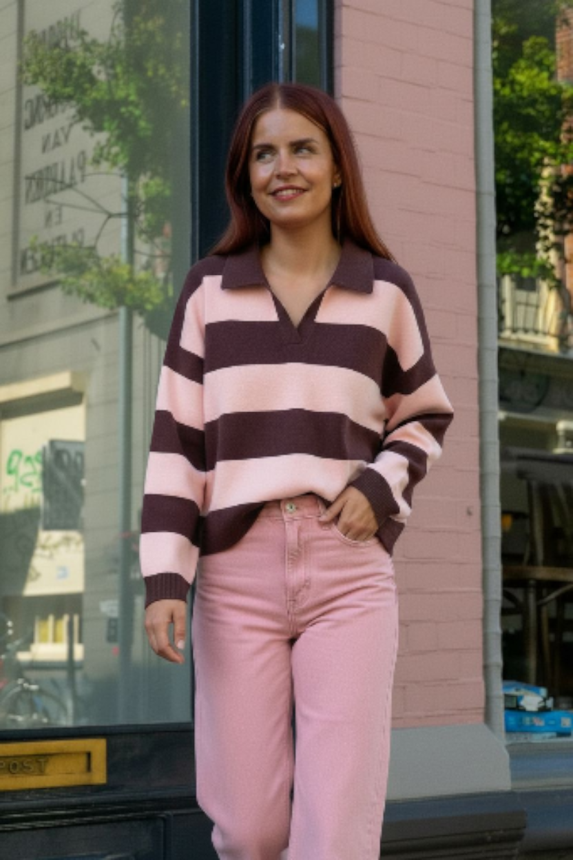 MAISON STRIPED POLO - BROWN/PINK