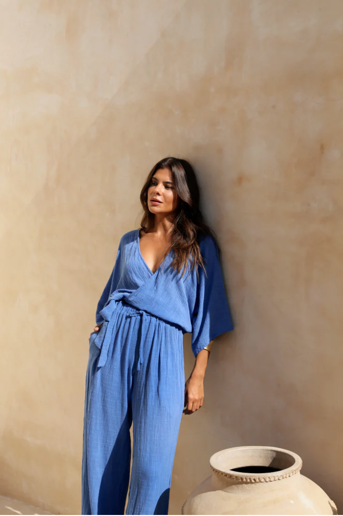 BERAWA LUXE | JODIE WRAP 3/4 TOP - MEDITERRANEAN BLUE