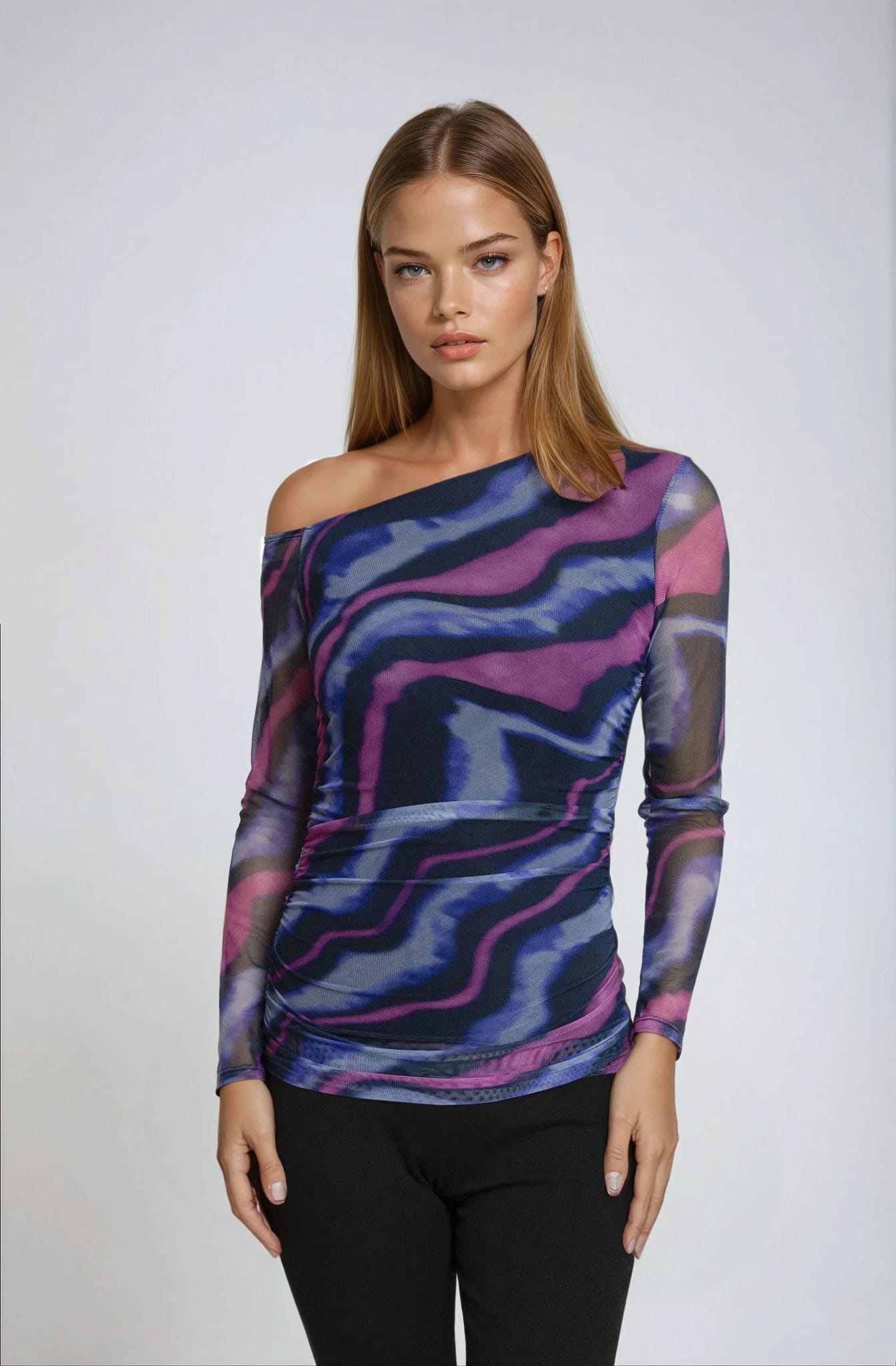 JUNIPER OFFSHOULDER MESH TOP - BLUE/PINK