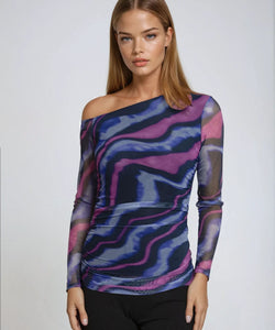 JUNIPER OFFSHOULDER MESH TOP - BLUE/PINK