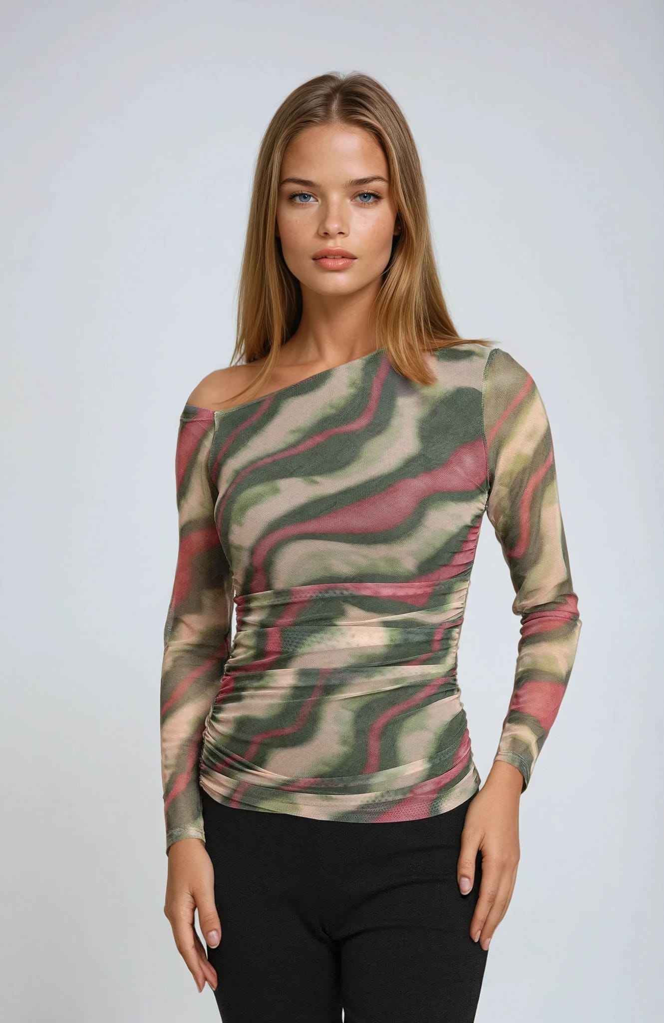 JUNIPER OFFSHOULDER MESH TOP - KHAKI