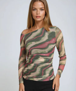 JUNIPER OFFSHOULDER MESH TOP - KHAKI