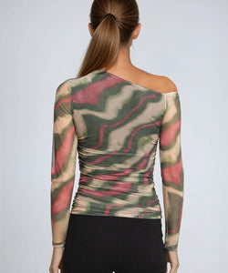 JUNIPER OFFSHOULDER MESH TOP - KHAKI