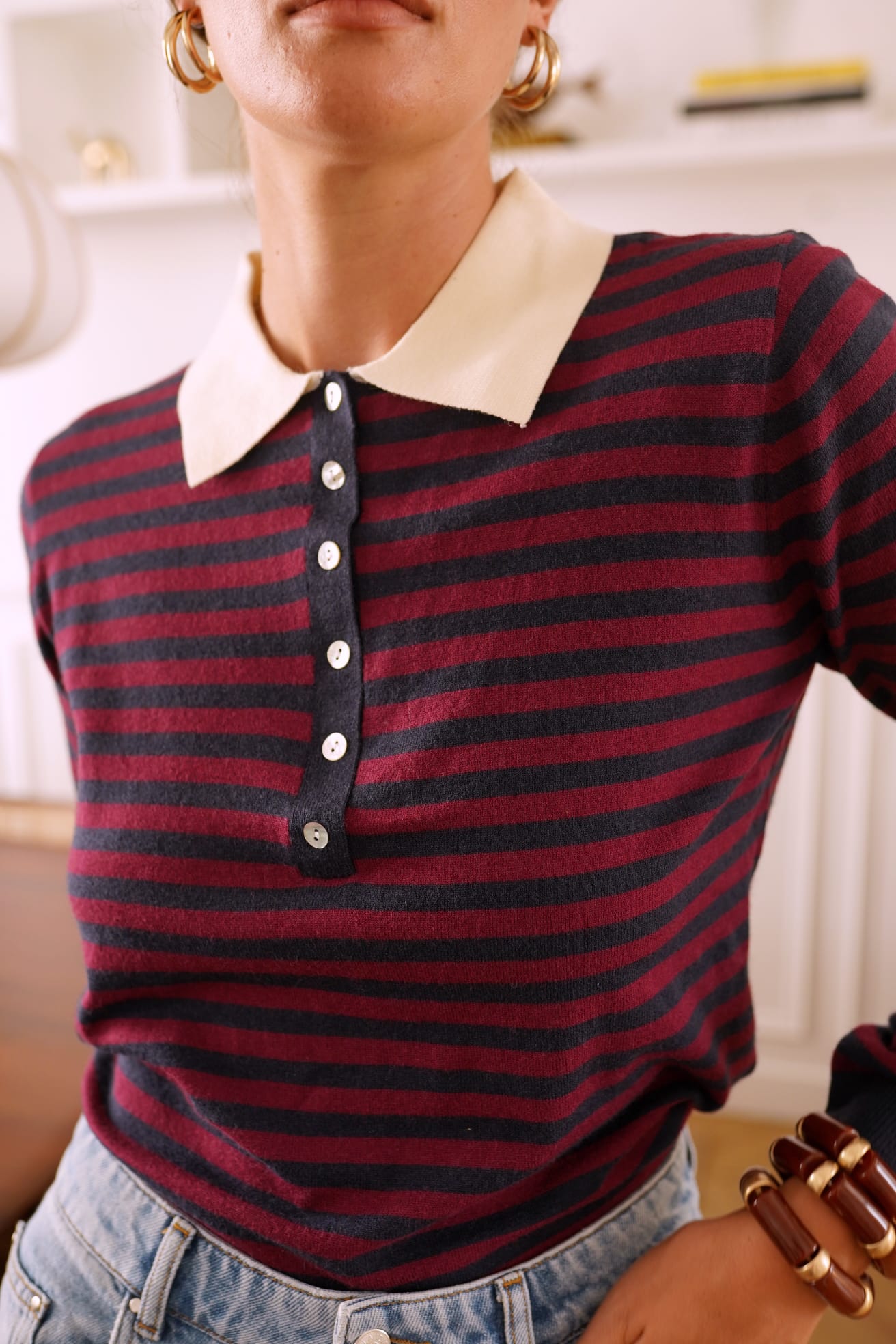 AVA STRIPED POLO - WINE/MARINE