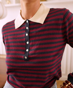 AVA STRIPED POLO - WINE/MARINE