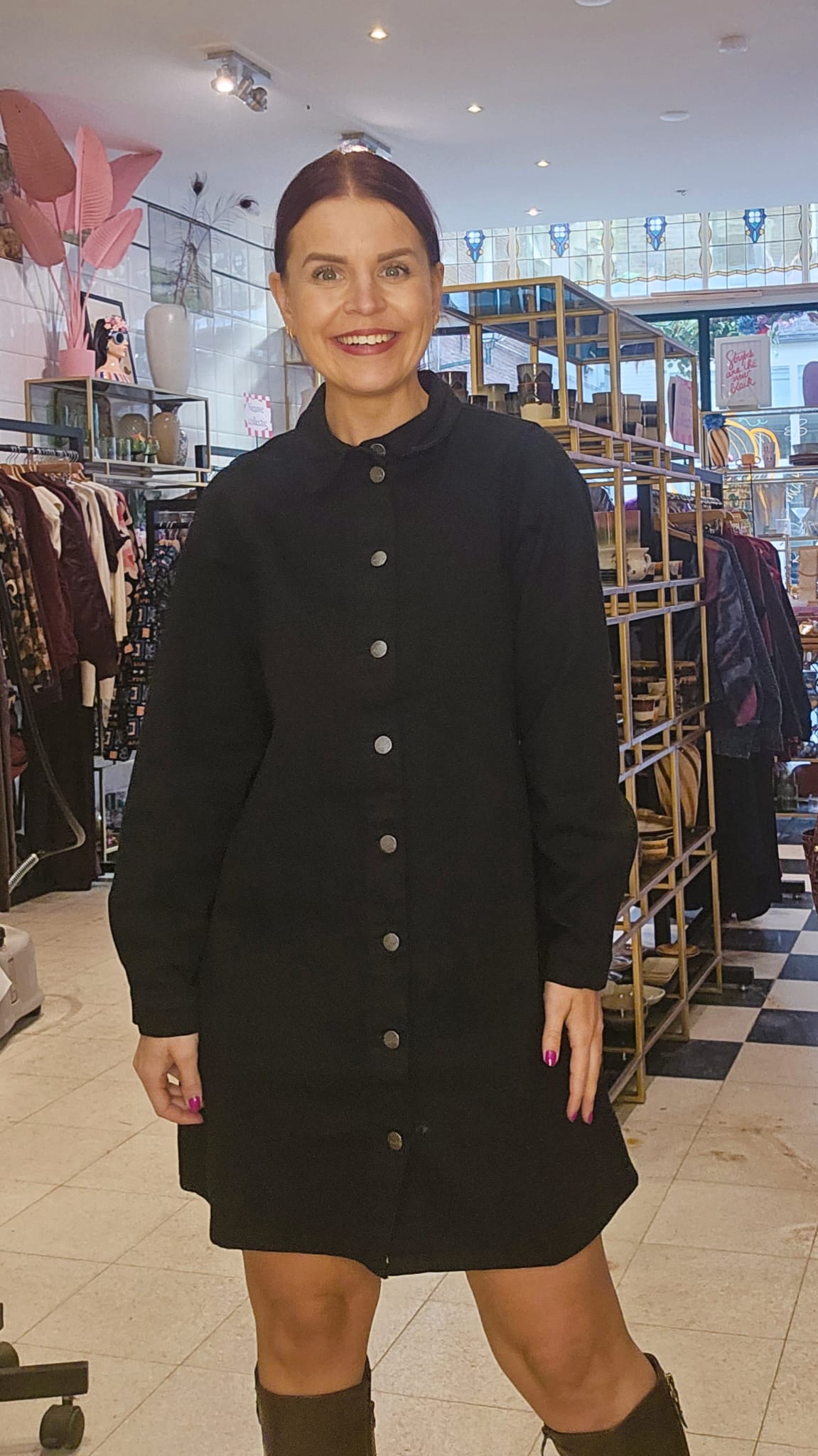 BUTTON UP MIDI DRESS - BLACK