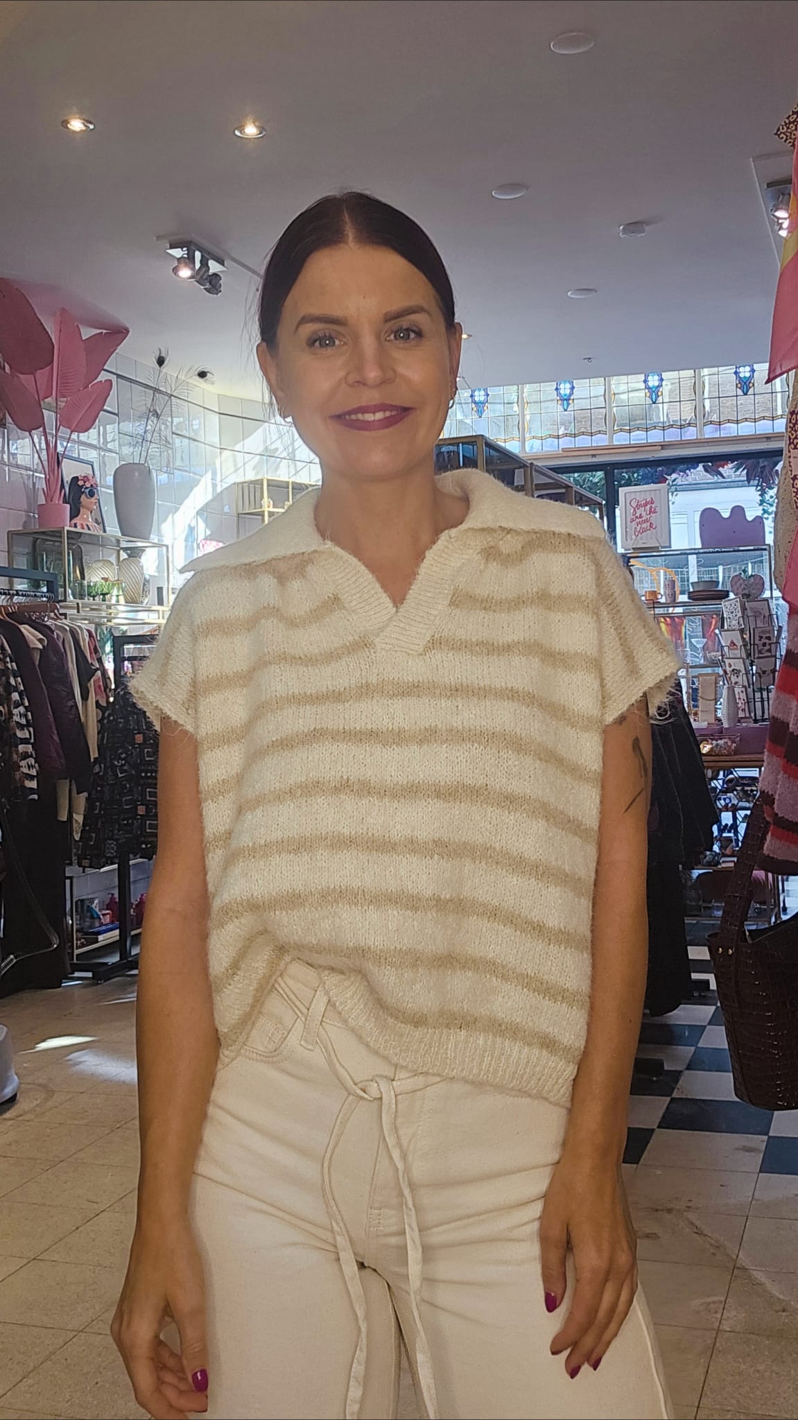 JORDYN STRIPED GILET - BEIGE