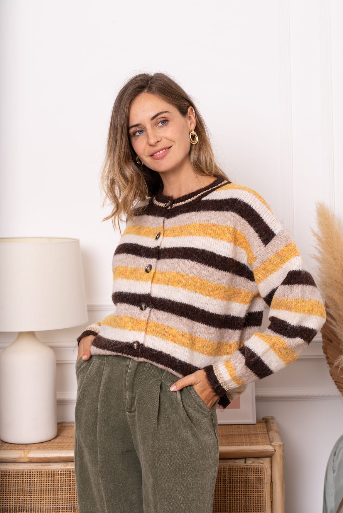 FEYLINE STRIPED CARDIGAN - BROWN/YELLOW