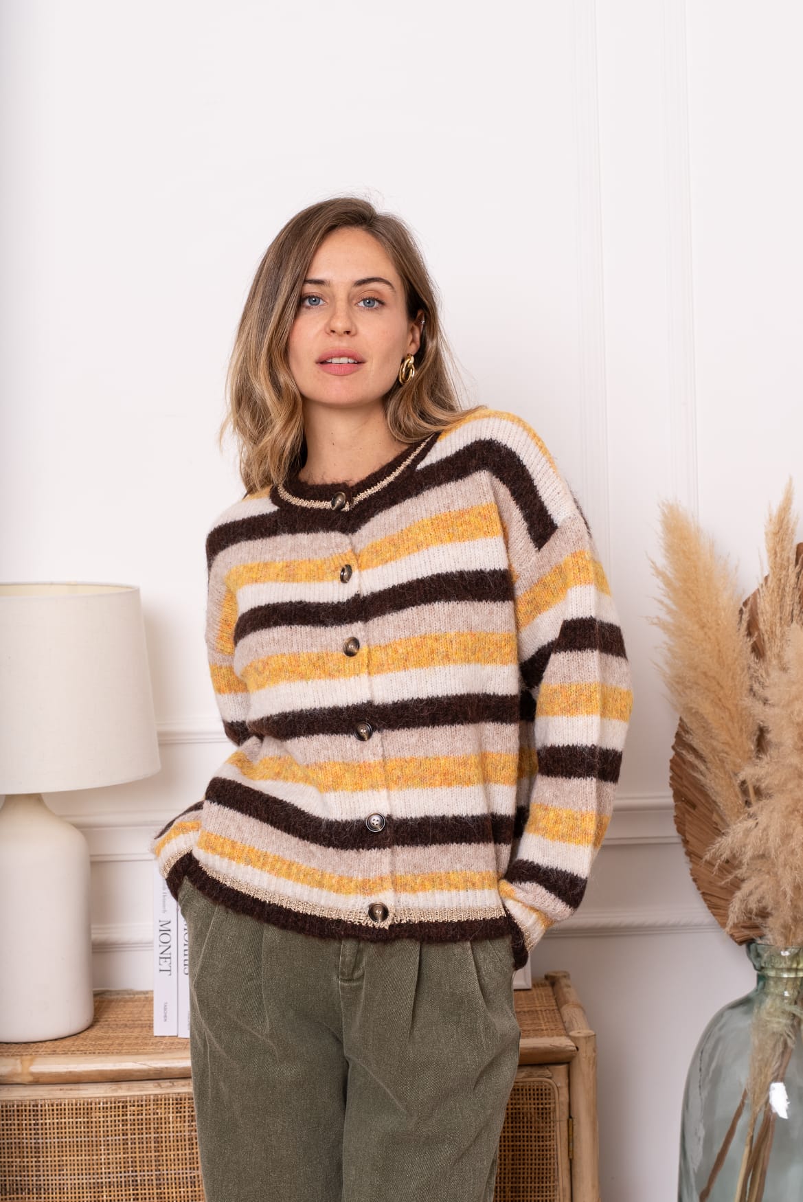 FEYLINE STRIPED CARDIGAN - BROWN/YELLOW