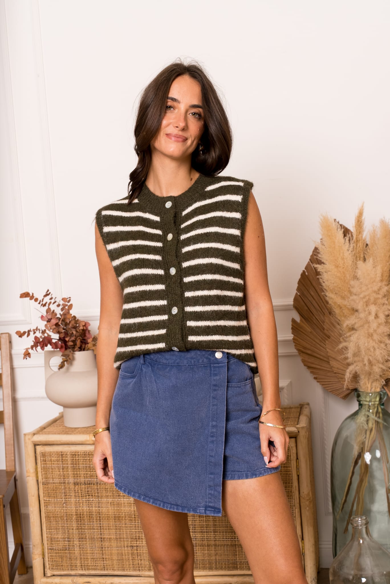 ROUX STRIPED GILET - GREEN/BEIGE