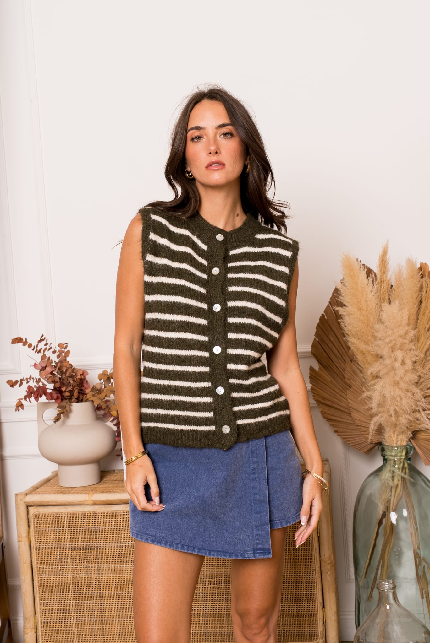 ROUX STRIPED GILET - GREEN/BEIGE