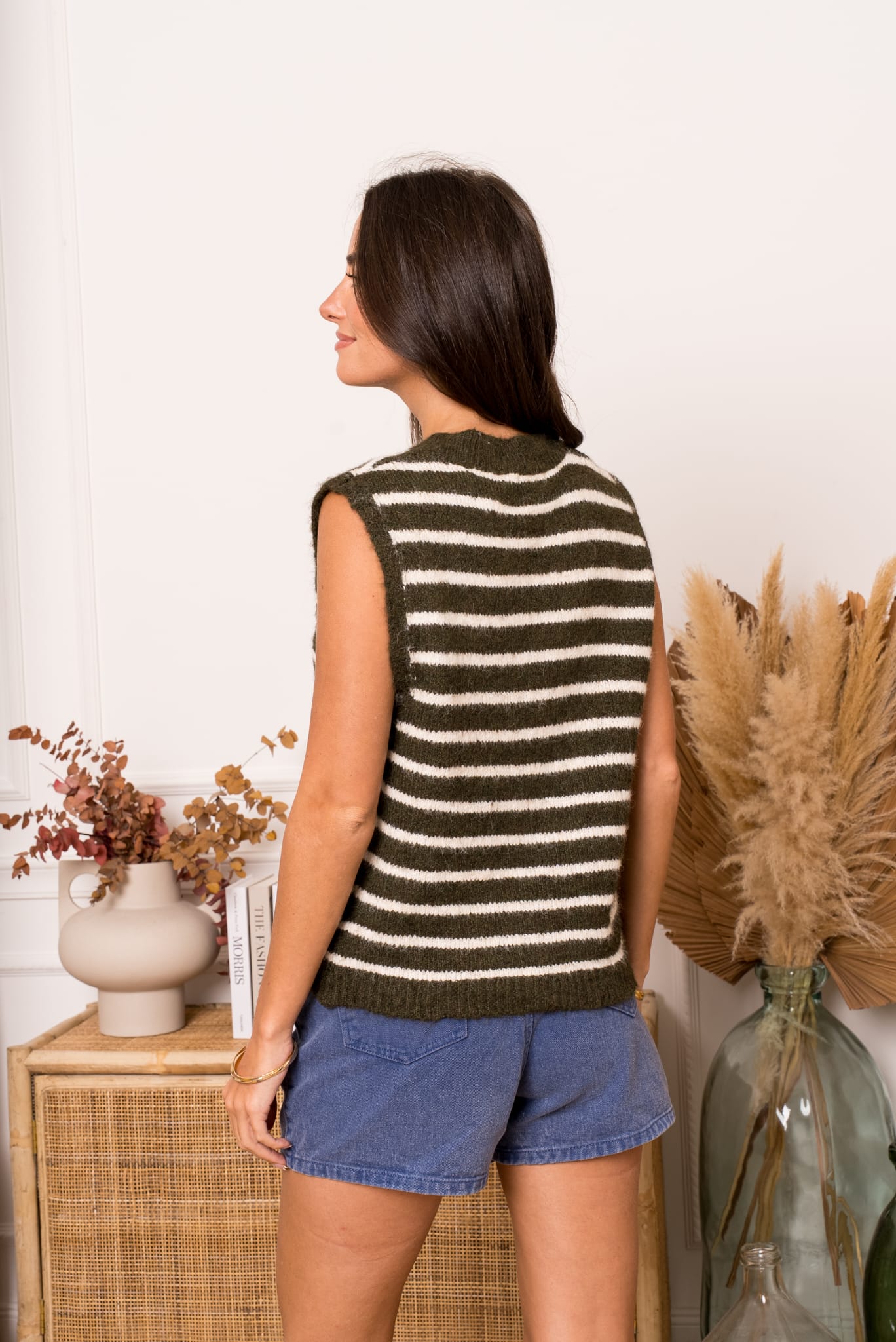 ROUX STRIPED GILET - GREEN/BEIGE