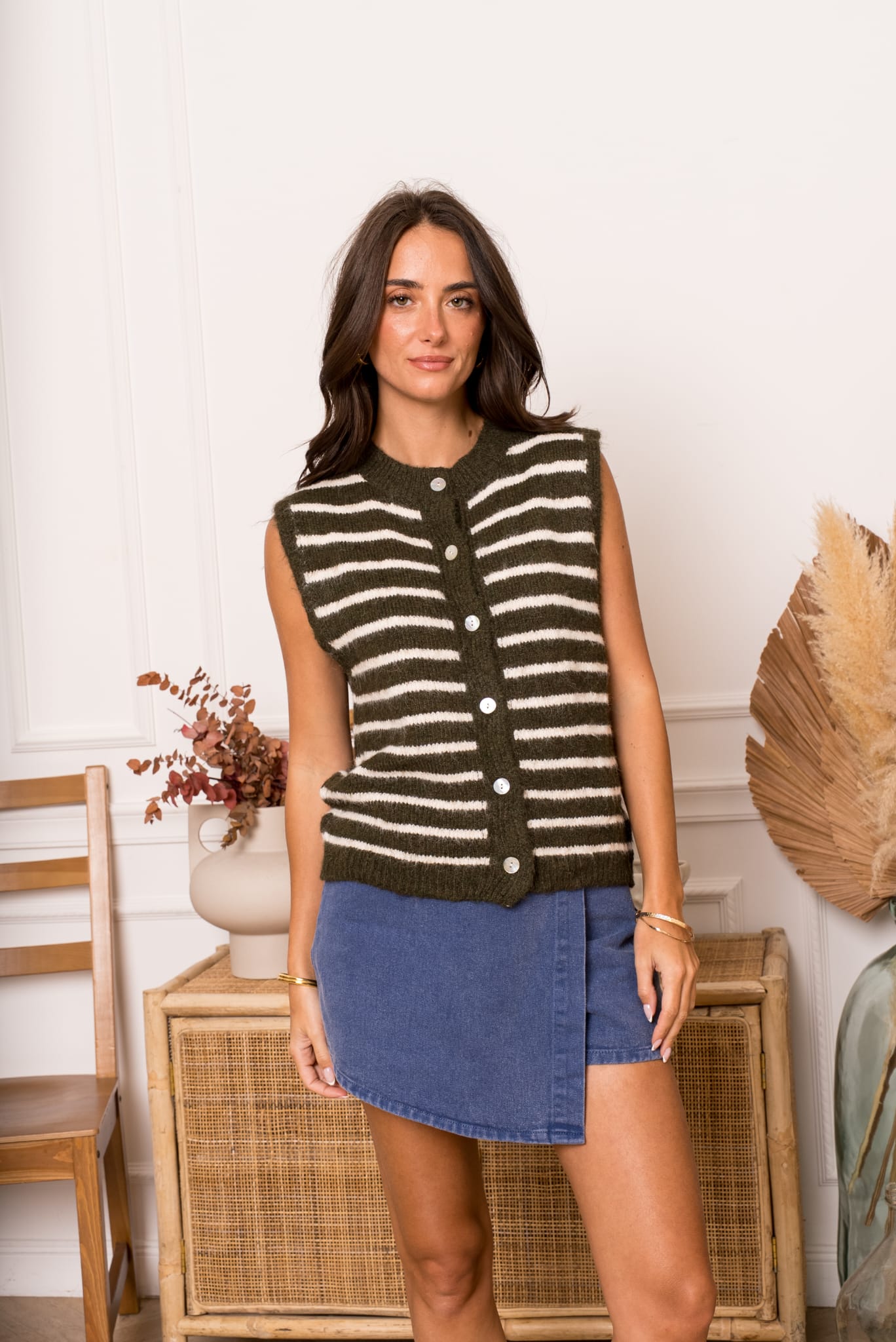 ROUX STRIPED GILET - GREEN/BEIGE