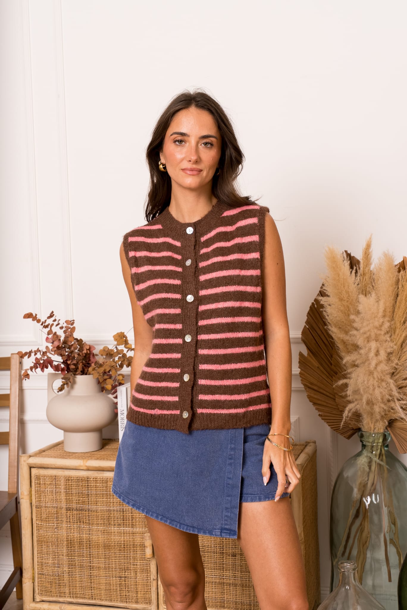 ROUX STRIPED GILET - BROWN/PINK