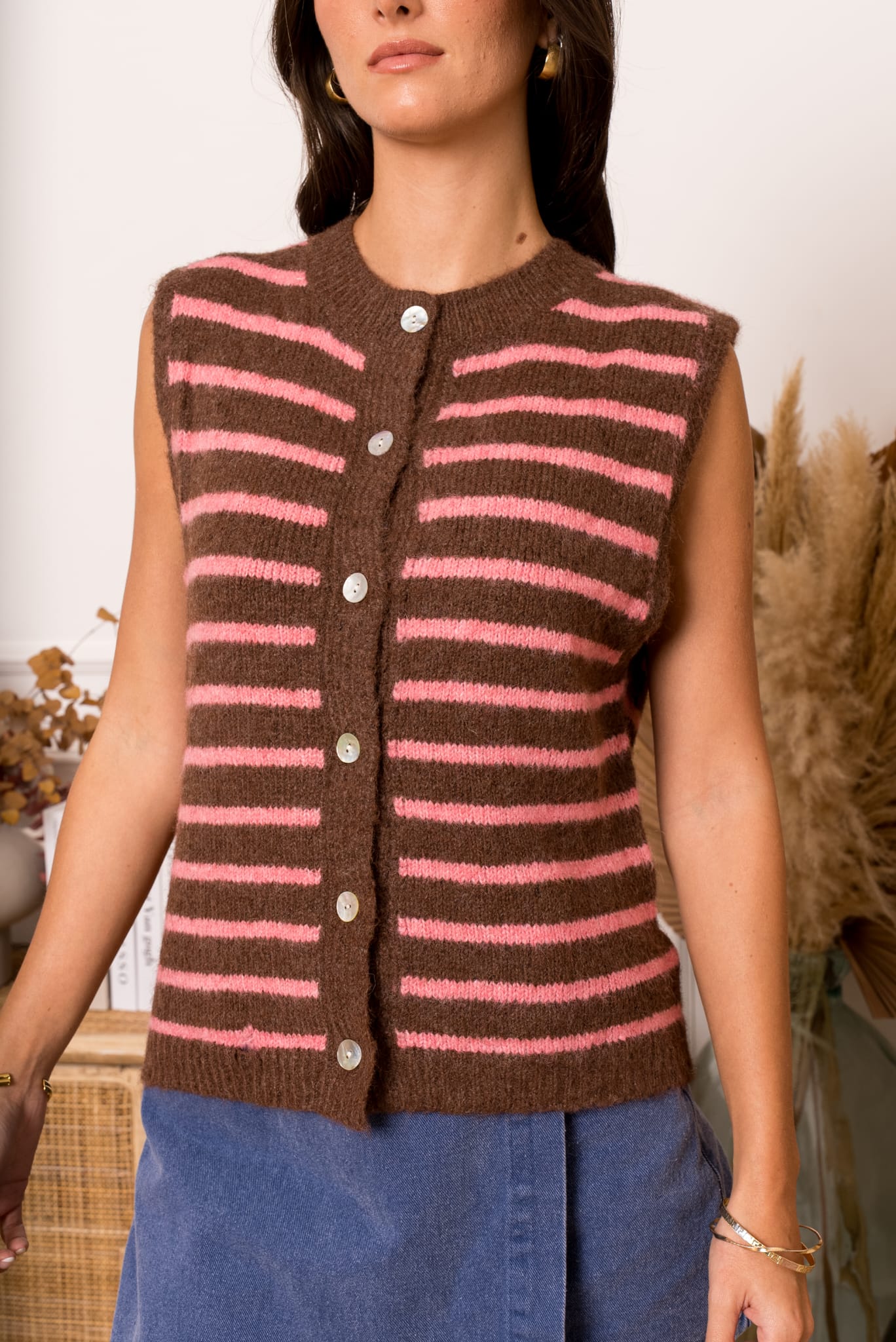 ROUX STRIPED GILET - BROWN/PINK