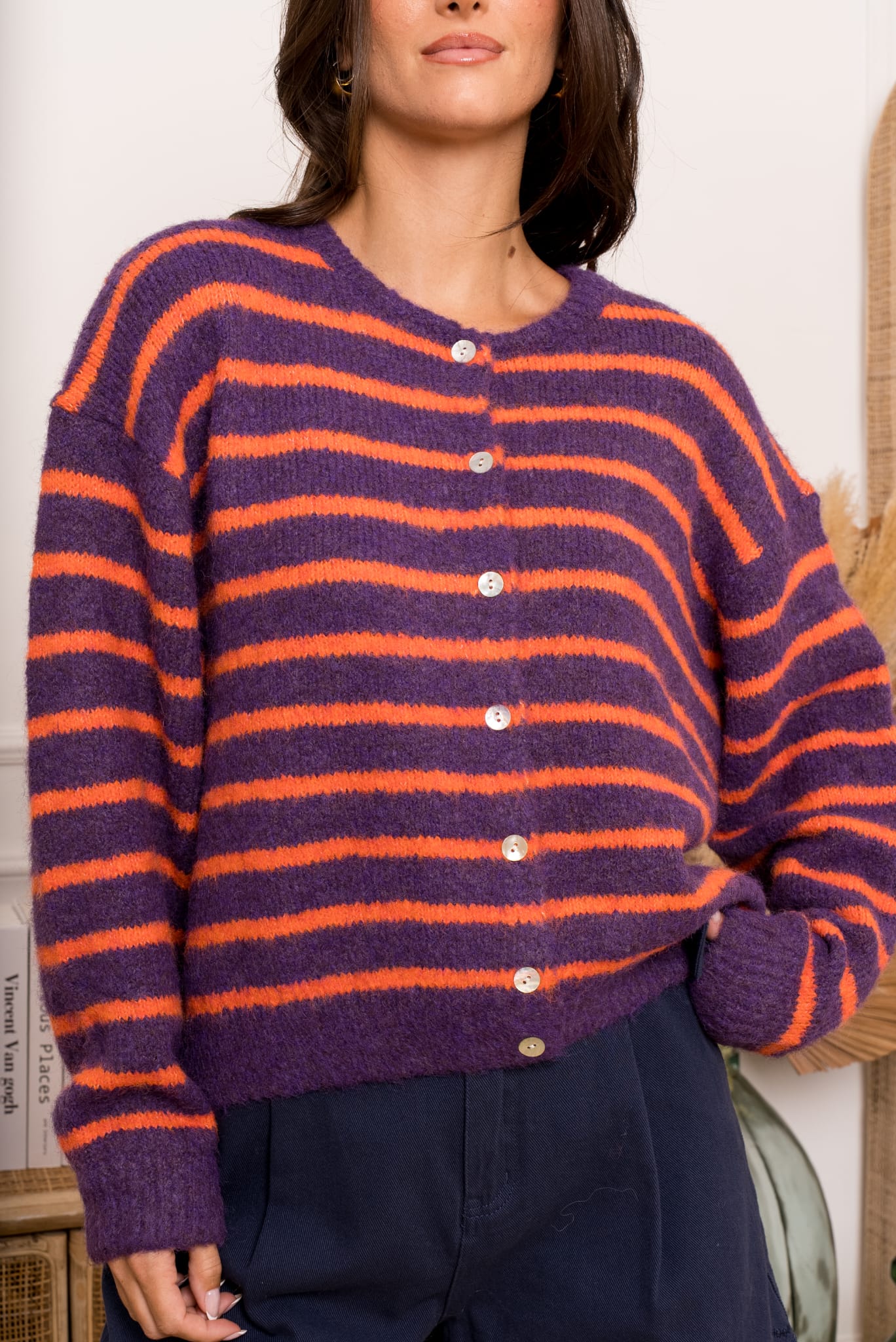 MELINE STRIPED CARDIGAN - PURPLE/ORANGE