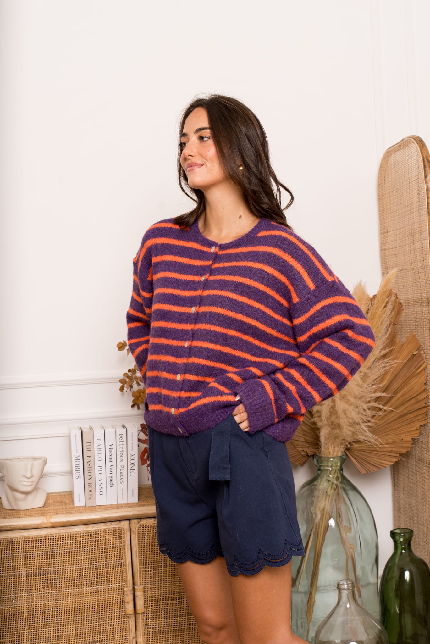 MELINE STRIPED CARDIGAN - PURPLE/ORANGE