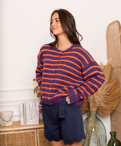 MELINE STRIPED CARDIGAN - PURPLE/ORANGE