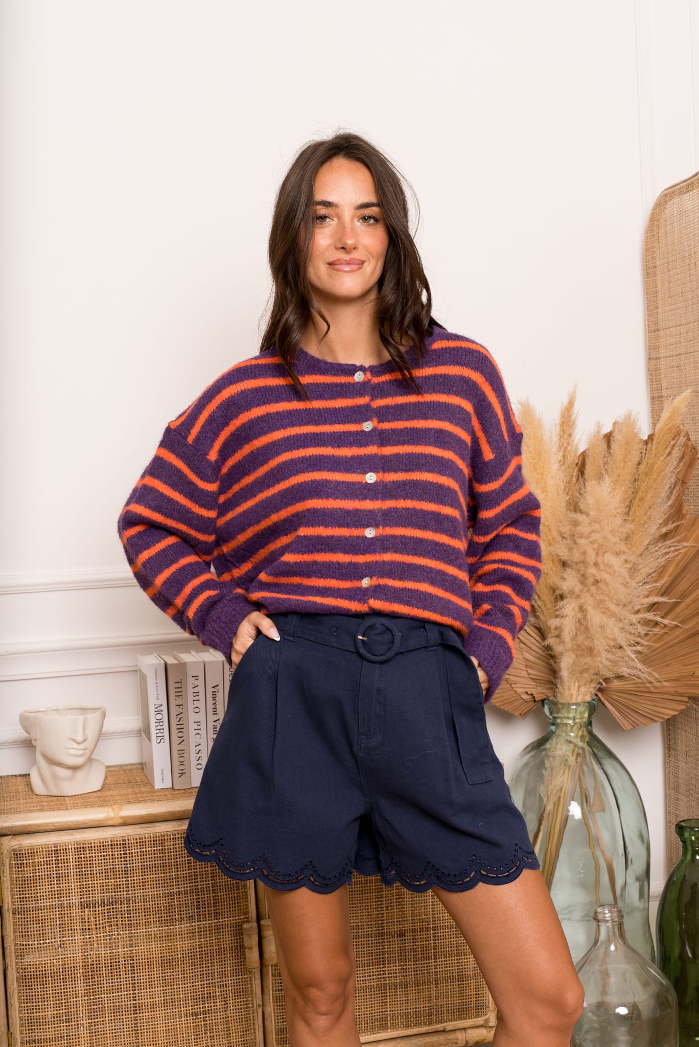 MELINE STRIPED CARDIGAN - PURPLE/ORANGE