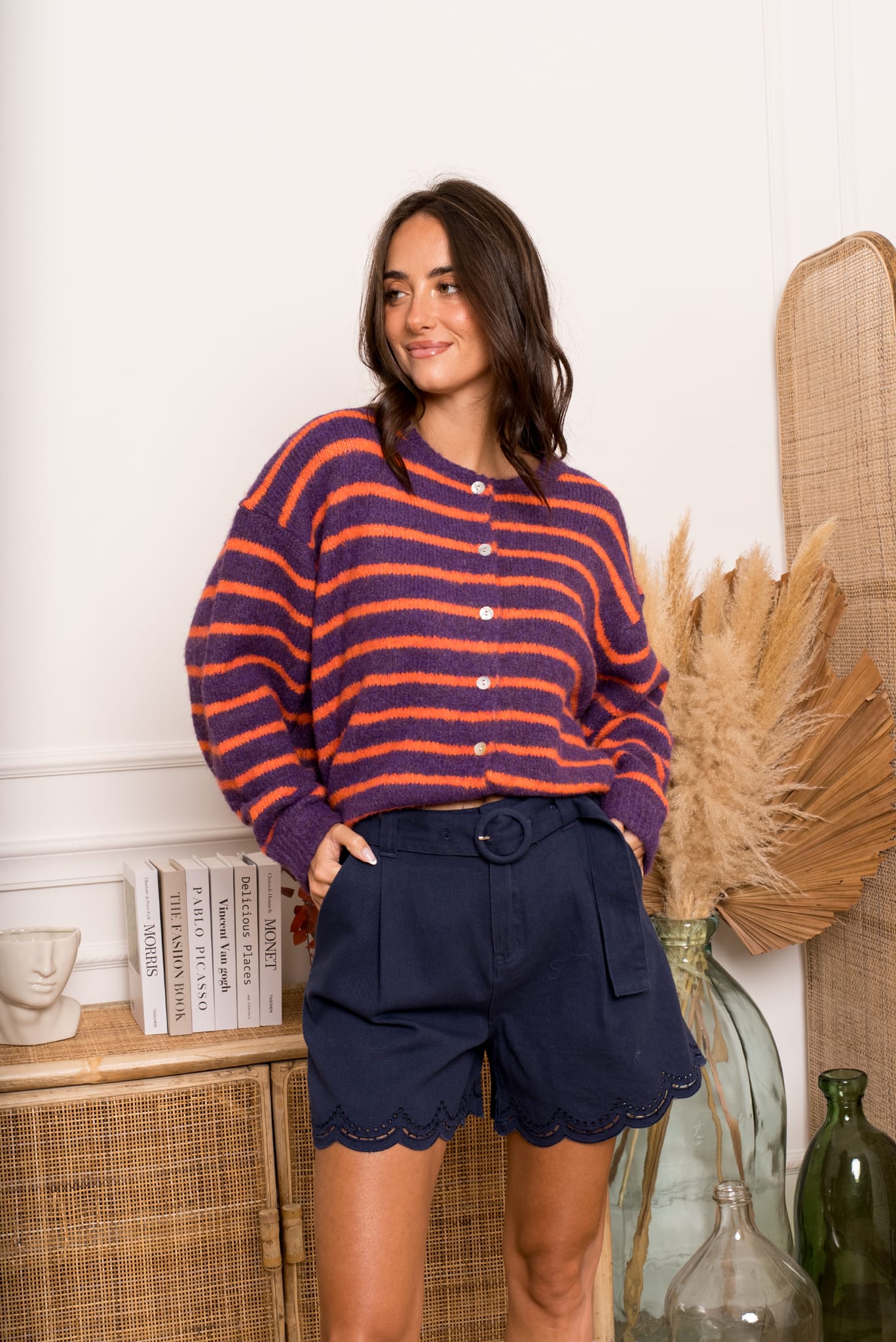 MELINE STRIPED CARDIGAN - PURPLE/ORANGE