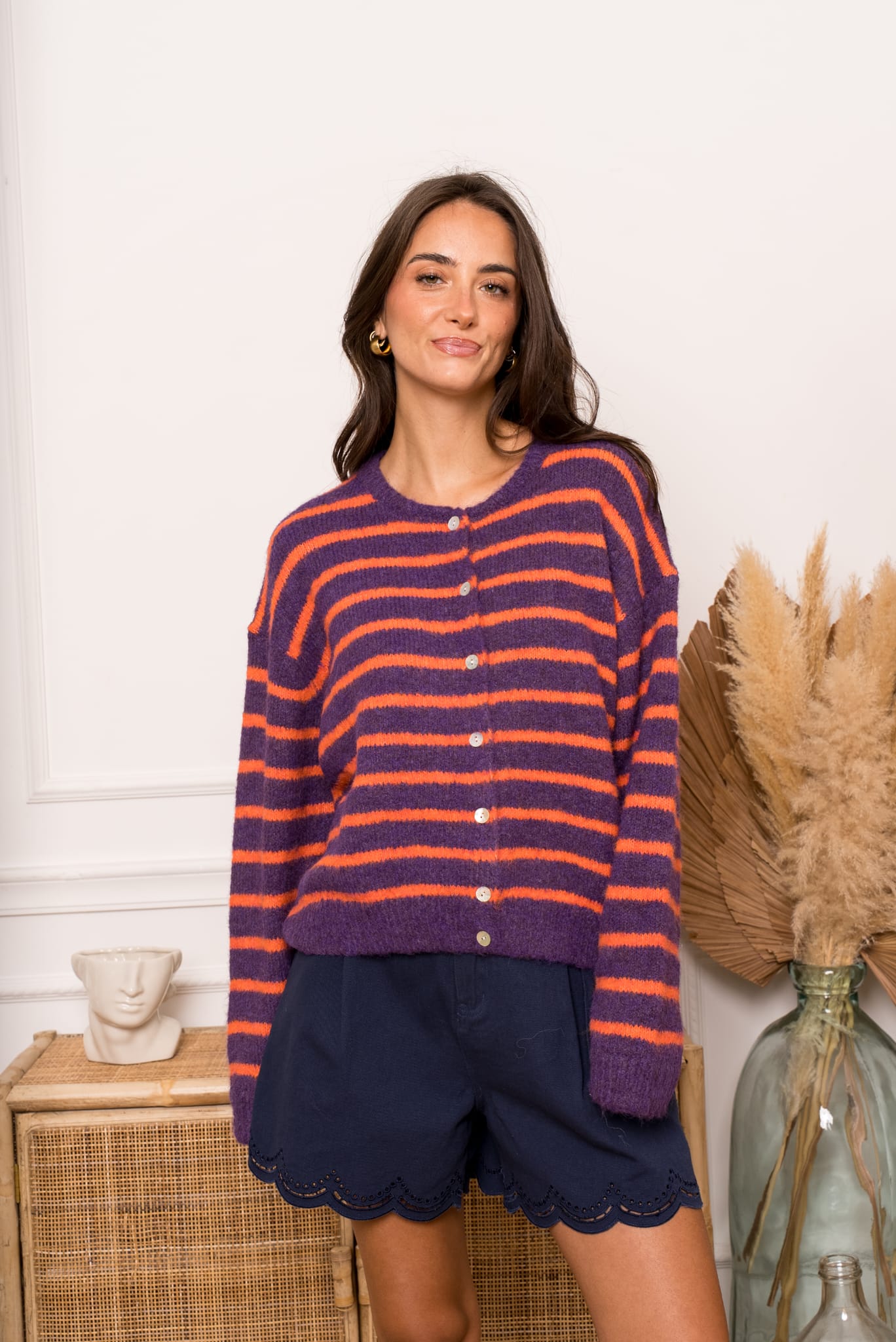 MELINE STRIPED CARDIGAN - PURPLE/ORANGE