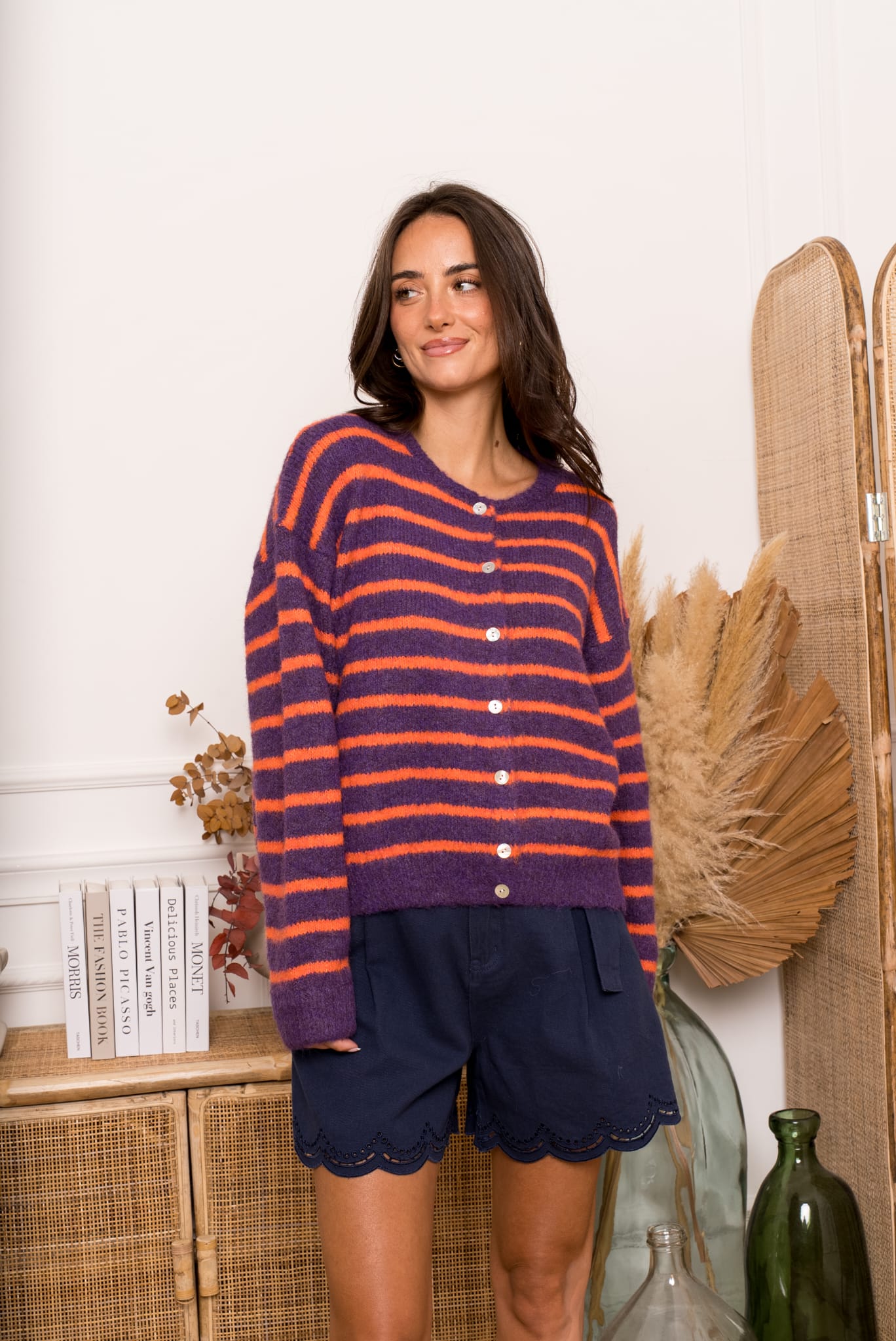 MELINE STRIPED CARDIGAN - PURPLE/ORANGE