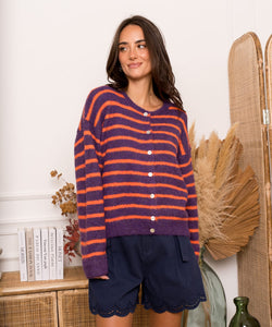 MELINE STRIPED CARDIGAN - PURPLE/ORANGE